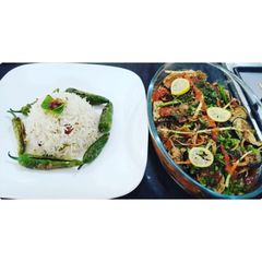 A picture of Crispy fry brinjal and filled green chillies with zeera rice ♥️.