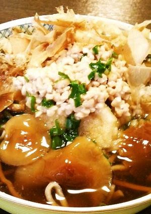 A picture of Easy Warm Soba Noodles with Grated Daikon Radish, Nameko Mushrooms and Natto.