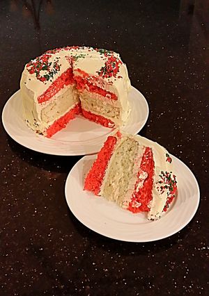A picture of Vanilla Christmas Layer Cake with Creamy Vanilla Buttercream Frosting.