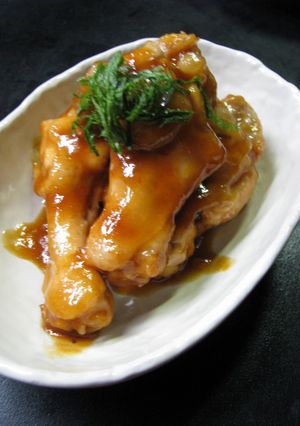 A picture of Teriyaki-Style Simmered Chicken Drummettes with Ume Plum Jam.