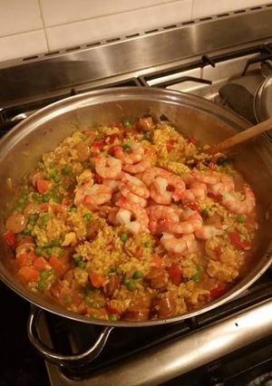 A picture of Chicken and Chorizo Paella.
