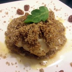 A picture of Pecan crusted cod with a buerre blanc sauce.