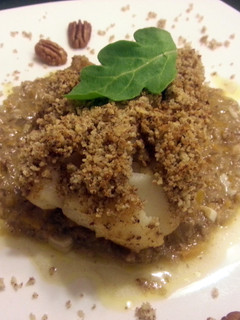 A picture of Pecan crusted cod with a buerre blanc sauce.