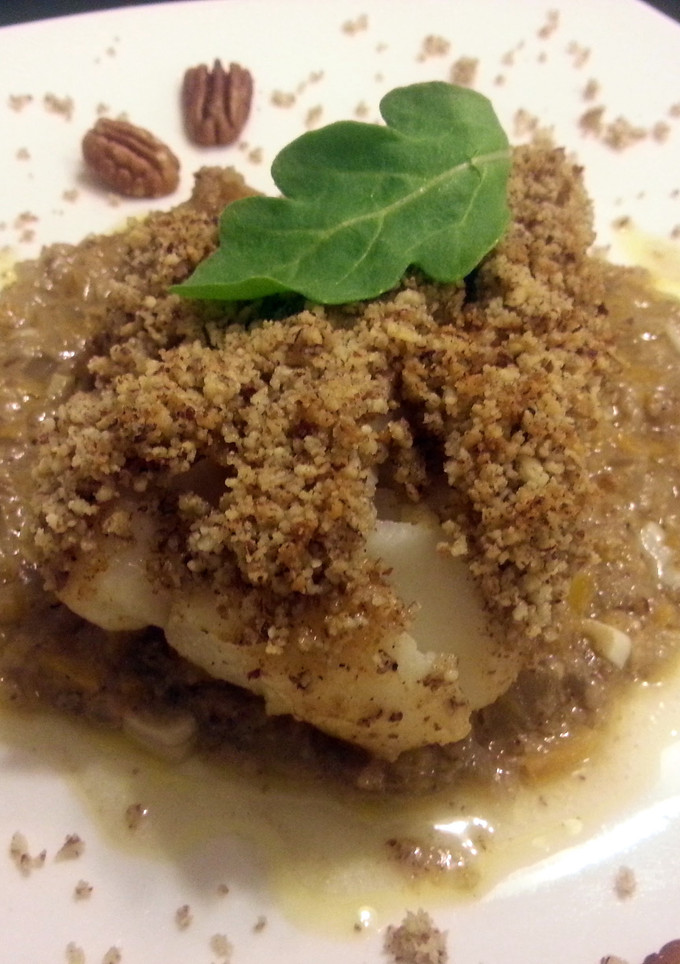 A picture of Pecan crusted cod with a buerre blanc sauce.