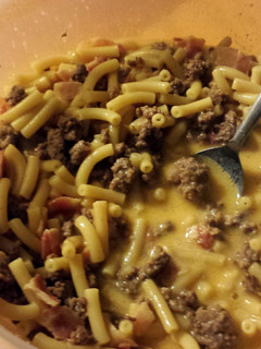 A picture of bacon mac burger soup.