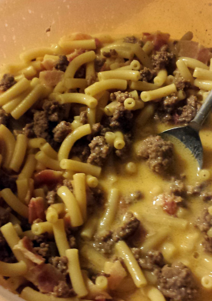 A picture of bacon mac burger soup.