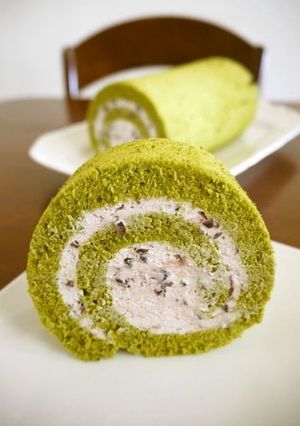A picture of Adzuki Cream Filled Matcha Swiss Roll.