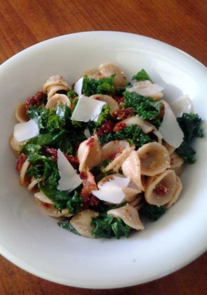 A picture of Orecchiette Pasta with Bacon, Kale and Sundried Tomatoes.