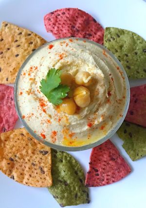 A picture of Homemade Sprouted Hummus recipe with Tahini.