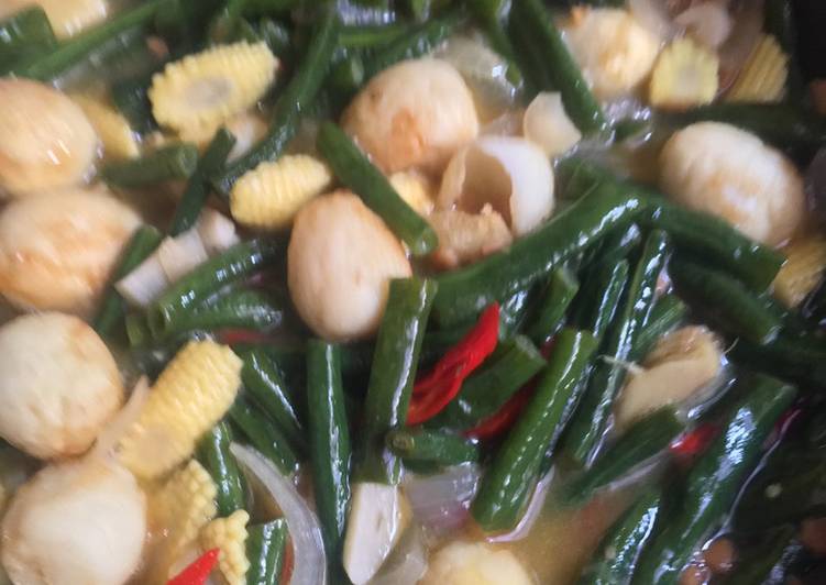 Langkah memasak Tumis tauco kacang panjang, telur puyuh &amp; jagung muda, Enak