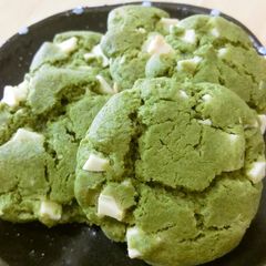 A picture of Soft Matcha Cookies With White Chocolate Using Pancake Mix.