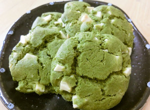 A picture of Soft Matcha Cookies With White Chocolate Using Pancake Mix.