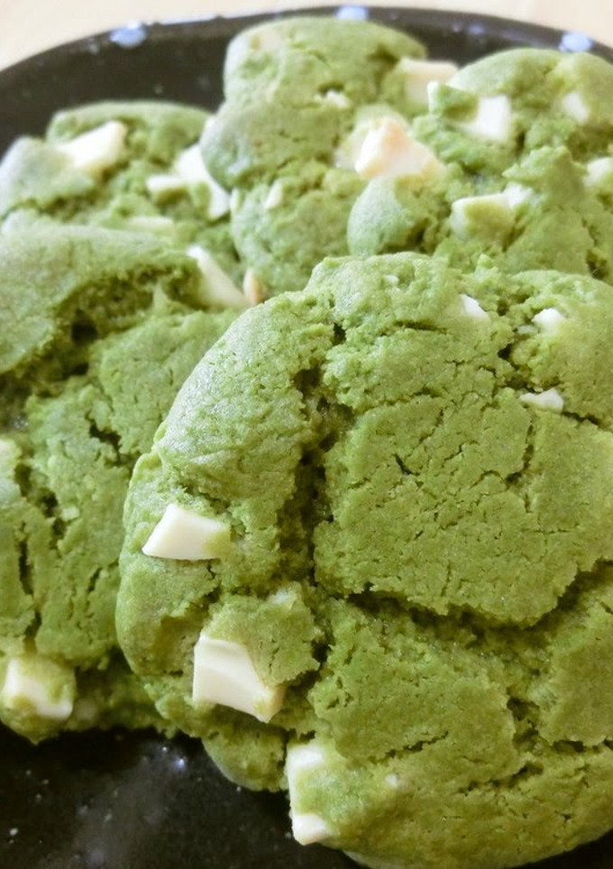 A picture of Soft Matcha Cookies With White Chocolate Using Pancake Mix.