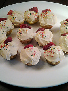 A picture of Honey/Lemon/Ricotta Cupcakes with Lemon Cream Cheese Frosting.
