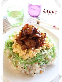 A picture of Chirashi Sushi with Thinly-sliced Pork Belly and Creamy Scrambled Eggs.
