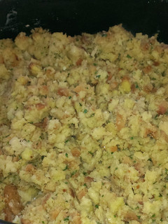 A picture of Crockpot chicken and stuffing.