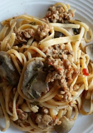 A picture of Fettuccine with Sausage and Mushrooms.