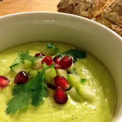A picture of Chilled avocado soup with cucumber and pomegranate salsa.