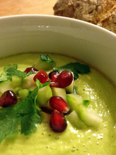 A picture of Chilled avocado soup with cucumber and pomegranate salsa.