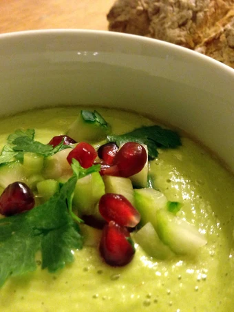 Recipe Chilled avocado soup with cucumber and pomegranate salsa which Delicious