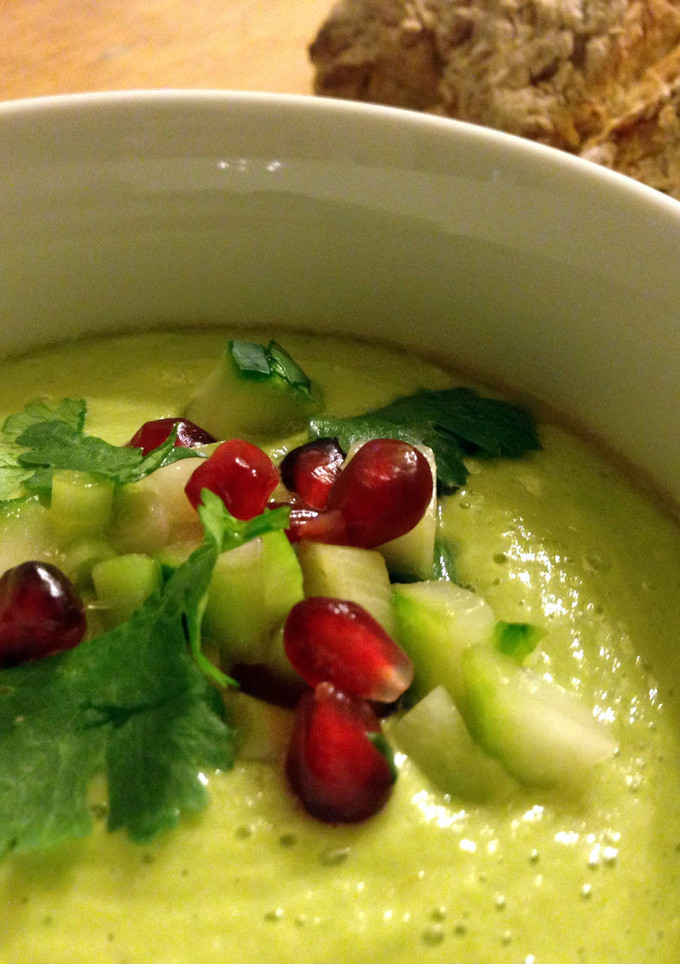 A picture of Chilled avocado soup with cucumber and pomegranate salsa.