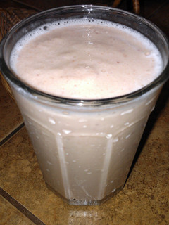 A picture of awesome strawberry, banana smoothie.