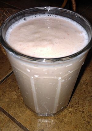 A picture of awesome strawberry, banana smoothie.