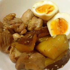 A picture of Comforting Salty-Sweet Simmered Chicken Thighs, Sweet Potato, and Eggs.
