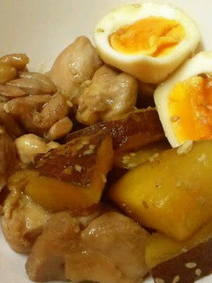 A picture of Comforting Salty-Sweet Simmered Chicken Thighs, Sweet Potato, and Eggs.