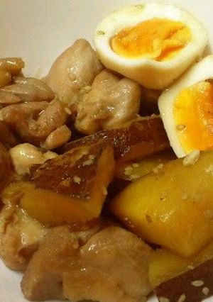 A picture of Comforting Salty-Sweet Simmered Chicken Thighs, Sweet Potato, and Eggs.