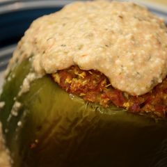 A picture of Cauliflower Stuffed Peppers w/Spicy Queso Marinara.