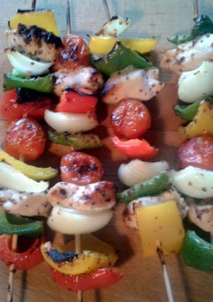 A picture of Honey Mustard Chicken & Vegetable Kabobs.