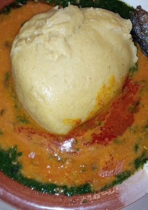 A picture of Beans soup, ewedu and tuwo swallow.