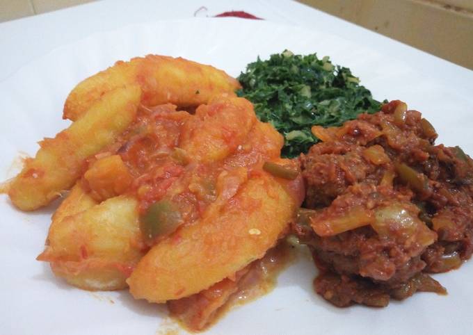 Matoke(Plantain) Served With Meatballs and Creamed Spinach