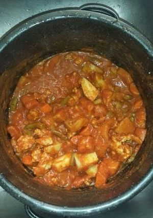 A picture of Vegetable sausage soup.
