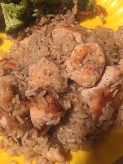 A picture of Garlic chicken and rice.