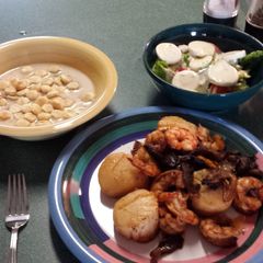 A picture of Shrimp and Sea Scallops with Oyster Mushrooms.