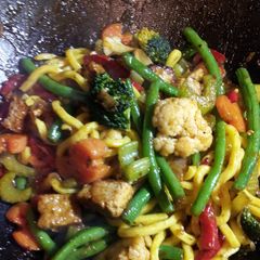 A picture of Veggie tofu noodle stirfry.