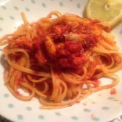 A picture of Andry's Spaghetti With Shrimps 'n Saffron In Lemon-tomato Sauce.
