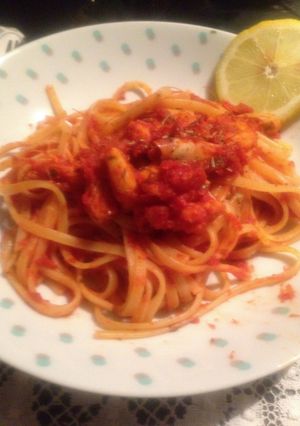 A picture of Andry's Spaghetti With Shrimps 'n Saffron In Lemon-tomato Sauce.