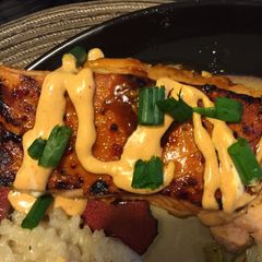 A picture of Chili Glazed Salmon With Sriracha Cream Sauce.