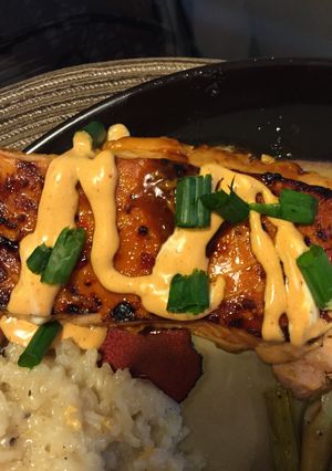 A picture of Chili Glazed Salmon With Sriracha Cream Sauce.
