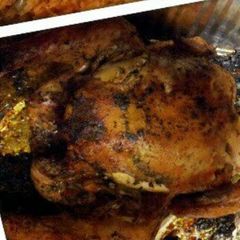 A picture of Roasted chicken with broccoli.