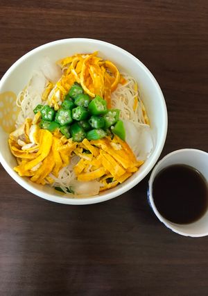 A picture of Somen with kinshitamago and okras.