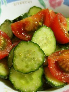 A picture of Easy Tomato and Cucumber Salad with Sesame Ponzu Dressing.