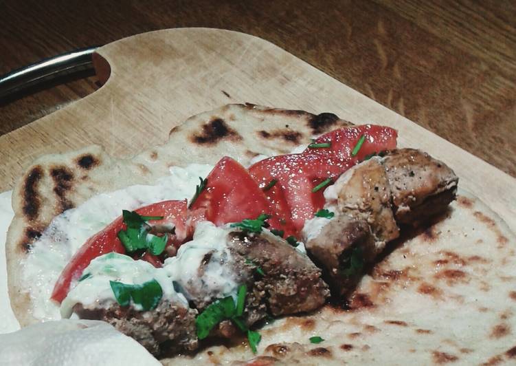 Greek souvlaki pork kebab and tzatziki sauce
