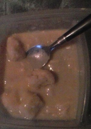 A picture of Homemade chicken n dumplings with cresents.