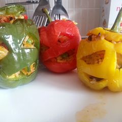 A picture of Weezy's stuffed halloween peppers!.