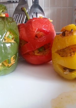 A picture of Weezy's stuffed halloween peppers!.