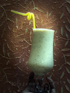 A picture of Peanut butter, banana,chia seeds shake.